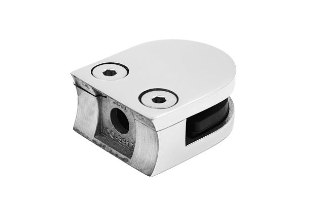 Стеклодержатель литой с вставками под стекло 8-10 мм, 4+4 мм, закругленный под стойку Ø38,1 мм (40х22х50), полированный, (AISI 304) k001-10