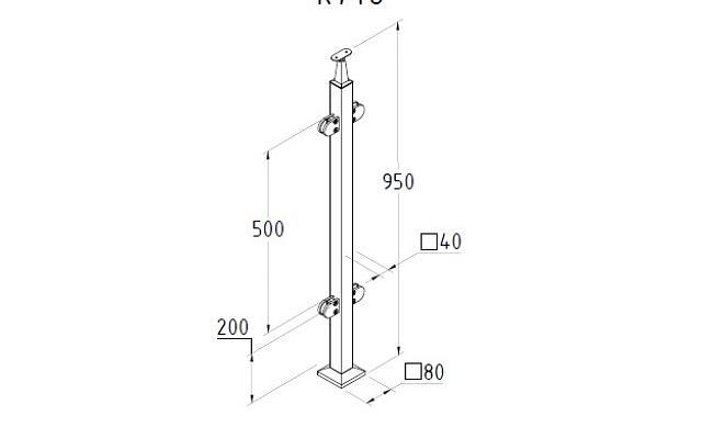 Стойка квадратная 40х40: 4 литых стеклодержателя, шлифованная, высота 950 мм AISI 304 k746-7 2