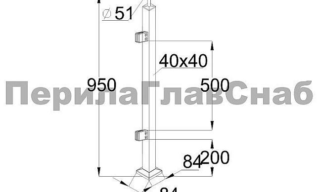Стойка квадратная 40х40: 2 литых квадратных стеклодержателя, полированная, высота 950 мм (AISI 304) k747-R 2