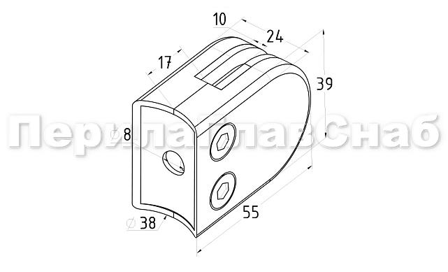 Стеклодержатель штампованный под стекло 10 мм (5+5 мм), под стойку Ø38.1 мм (39х24х55), полированный (AISI 304) k538-10 2